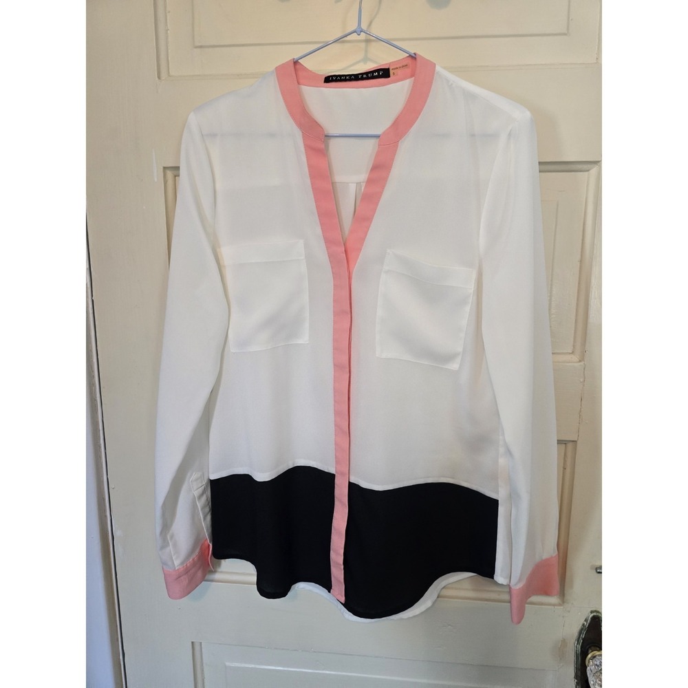 Ivanka Trump Button Up Blouse Cream Black Peach V-Neck Colorblock Shirt Small